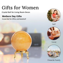 Crocon 50mm Yellow Jade Stone Sphere Ball with Metal Stand 1400+ Carats Gemstone Ball Healing Sculpture Figurine for Fengshui Divination Home Decoration Photography Crystal Sphere