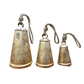 Bellsvilla Set of 3 Cone Shape Cow Bells Vintage Handmade Rustic Giant Harmony Bells on Rope Garland/Noah/Witch/Wreath/Christmas/Decor/Hangings