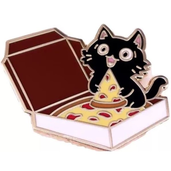 Cat with Pizza Box Pin, Kitty Eating Pizza Brooch
