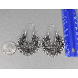 antiqued Silver earrings hoops filigree medallion door knocker hoop huggie 1 5/8 inches wide