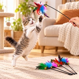 5-Piece Cat Feather Wand Toy Set for Interactive Play – Colorful Teaser Sticks with Bells for Cats & Kittens