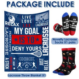 Moukeren 2 Pcs Lacrosse Gift for Teen Boys Adults Include 50" x 60" Soft Flannel Blanket Novelty Lacrosse Socks Ideal Senior Night Gifts Team Party Favors for Sport Lover Players Coaches Coaches