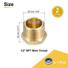 sourcing map 2Pcs Brass Hex Head Plug Compression Cap Fitting Stop Valve Cap, 1/2" NPT Hex Thread Pipe Fitting Flare Cap Tubing Ends Sealing Cap with PTFE Tape for Air Conditioner, Water, Gold