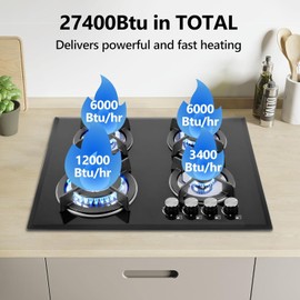 Nardea Gas Stove Top 4 Burner, Propane Gas Cooktop, LPG/NG Dual Fuel Convertible Stove Top with Thermocouple Protection, Built-in/Countertop