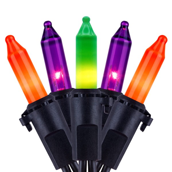 Orange Green & Purple Halloween Lights with Black Wire, 66