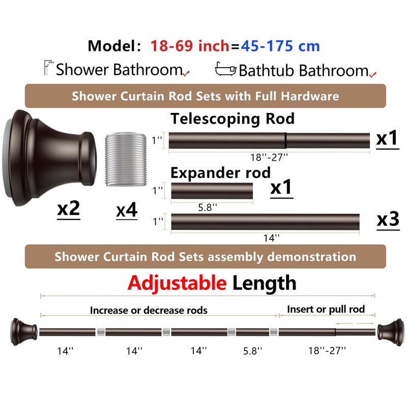 Oil Rubbed Bronze Tension Shower Curtain Rod – Adjustable 18-69