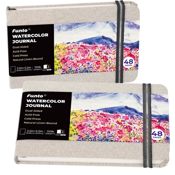 Funto Watercolor Journal, 3.5x5.5", 2 Pack, 48 Pages Each, Cold-pressed Watercolor Paper With Inner Pocket and Elastic Band, 110 lb/230 gsm, Art Supplies for Watercolor Techniques and Mixed Media