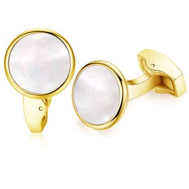 HONEY BEAR White Pearl Shell Black Onyx Cufflinks Round for Mens Gift Gold with White Shell