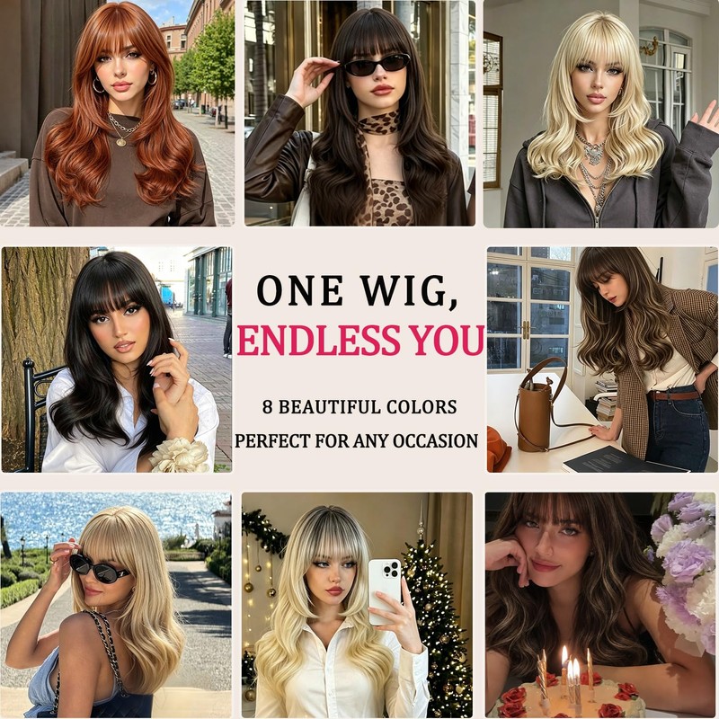 Fusenp Dark Brown Layered Wavy Synthetic Wig with Curtain Bangs