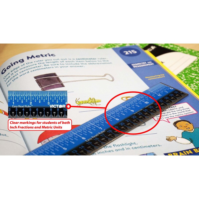 Victor Easy Read Stainless Steel Ruler, Standard/Metric, 12" Long, Blue