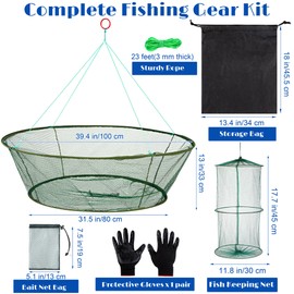 Aodaer 6 Pieces Foldable Drop Net 39.4 Inches Fishing Net Trap with Fish Keeping Net Bait Bag Rope Gloves Hand Casting Cage Crab Net Fishing Mesh Trap for Minnows, Crab, Lobsters, Fishes