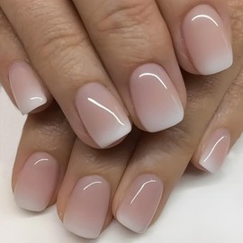 24Pcs Short Square Press on Nails White French Tip Fake Nails Ombre Acrylic Nails Glossy Full Cover Glue on Nails Gradient Pink False Nails Cute Artificial Stick on Nails for Women Manicure Decoration