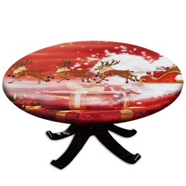 Grstplnk Christmas Round Fitted Tablecloths, Xmas Santa Sleigh Elastic Edged Table Cover, Waterproof Table Cloth Wrinkle Resistant Decor Indoor Family Banquet Use Fits Tables up to 28" Diameter