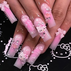 Press on Nails Long, Acrylic Stick on Nails, 24pcs Nude Pink Black Coffin Design Fake Nails with Glue Sticker for Women and Girls Fashion Nail Tips Cool Nails (Kitty-3)