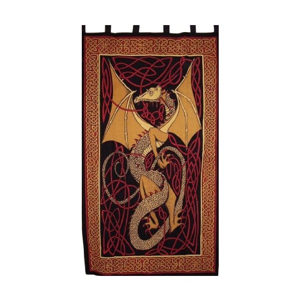 India Arts Celtic Dragon Tab Top Curtain Drape Panel Cotton 44" x 88" Red