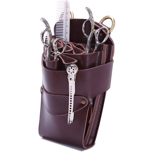 Hairdressing Scissors Pouch with Belt, Salon Hairdresser Tool Bag, Genuine Leather - Bown