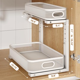 Biboraya 2 Pack Under Sink Organizer With Smooth Cylindrical Rail,2-Tier Pull Out Multi-Purpose Cabinet Storage for Bathroom&Kitchen,Height Adjustable,Rust-resistant Coating-White