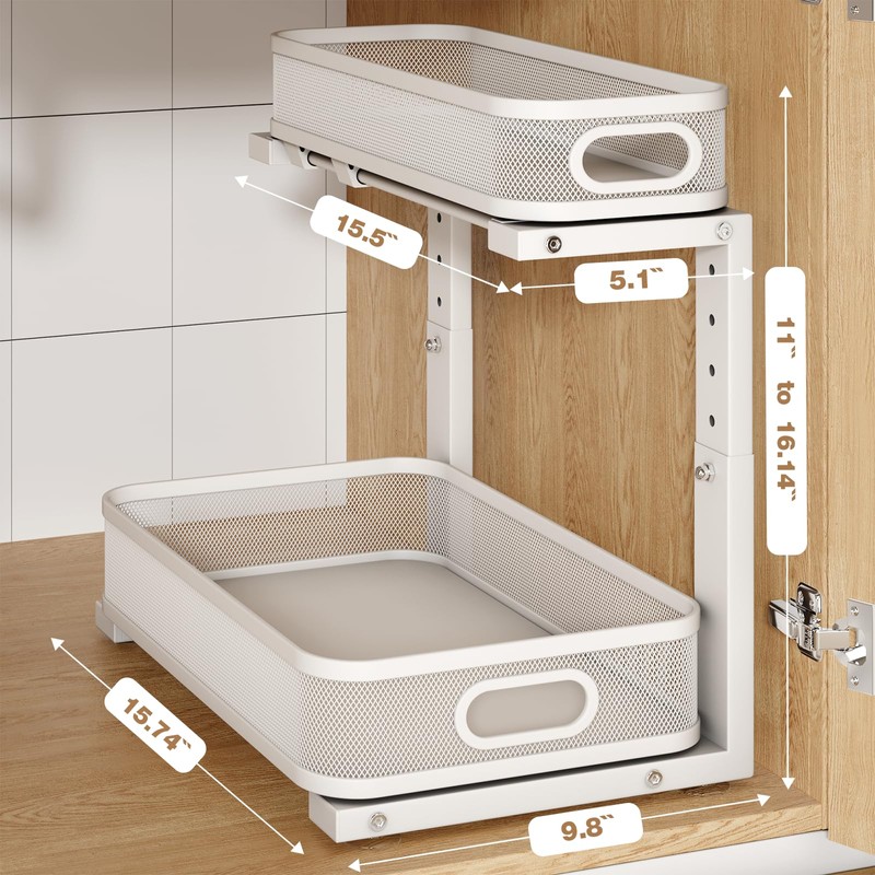 Biboraya 2 Pack Under Sink Organizer With Smooth Cylindrical Rail,2-Tier