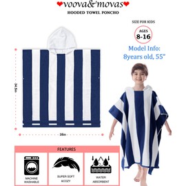 VOOVA & MOVAS Hooded Bath Towels for Big Kids | Teens (8-16Years), 100% Cotton Thick Poncho Towel Robe for Kids, Perfect for Pool, Beach, Bath and Gifts, Gem Blue Cabana Stripe
