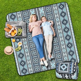 SAMSIER Extra Large Outdoor Picnic Blankets 80"×80", Beach Blanket Waterproof Foldable Sandproof, Picnic Mat Washable Portable for Camping, Park, Hiking (Thickened, Blue Gray)