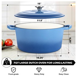 TeamFar Enameled Cast Iron Dutch Oven, 7qt Dutch Oven Pot Nonstick Cookware with Lid & Dual Handles for Bread Baking, Cooking, Oven Safe up to 500℉ & Various Stovetops, Healthy & Heavy Duty - Blue