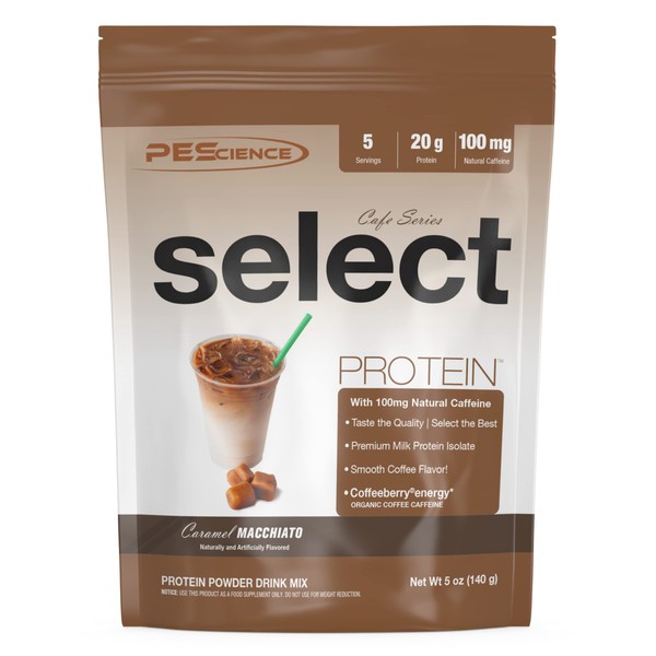 PEScience Select Cafe Protein, Caramel Macchiato, 5 Servings, Coffee Flavored Whey and Casein Blend