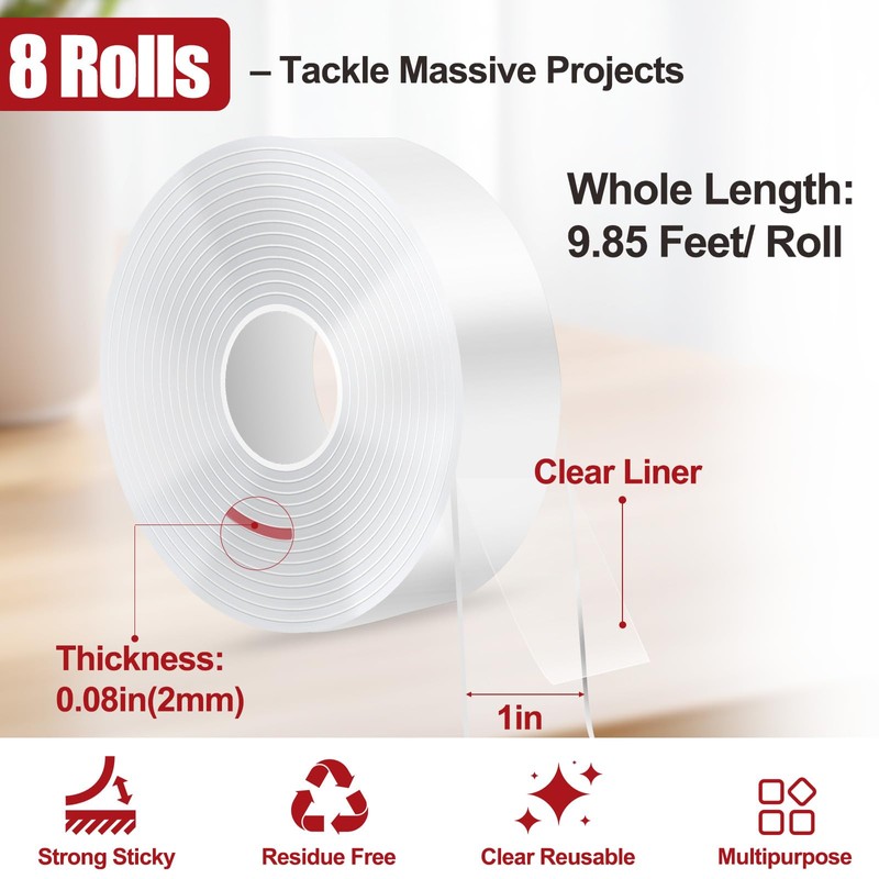 CHANGTIKEJI Double Sided Tape Heavy Duty 8 Rolls 1 Inch