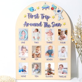 Space First Trip Around The Sun Photo Board One Year Birthday Party Decoration First Year Milestone Photo Board 12 Monthly Picture Frame 1st Birthday Picture Banner for Baby Boy Keepsake Gift Supply