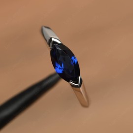 LUO 925 Sterling Silver Marquise Cut 1.34 Carat Created Sapphire Ring East West Simple Promise Ring September Birthstone Ring for Women US Size 8