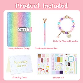 Kidsord Diary with Lock for Girls, Birthday Gifts for 8 9 10 11 12 Year Old Girls, Kids Journal with Lock and Pen, Password Journal Notebook Kit for Girls, 200 Pages Secrect Diary (Deep Rainbow)