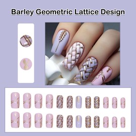 ANDGING Square Press on Nails Medium Long Purple Pink Fake Nails for Women Fake Nails with Barley Geometric Lattice Designs Acrylic stick on nail for Wedding Full Cover Manicure Gel False Nails