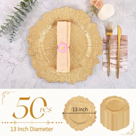 fani 50 Pcs Gold Charger Plates Bulk, 13 Inch Reef Wedding Chargers for Dinner Plate, Round Plastic Reusable Ruffled Rim Decorative for Table Setting, Parties, Wedding, Events