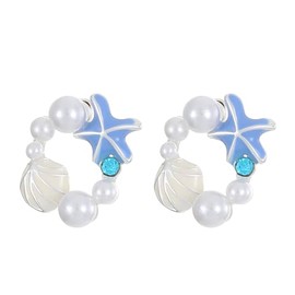YIYUGEY ㅤPearl Shell Starfish Earrings Light Blue Starfish Earrings Seashell Imitation Pearl Round Earrings Summer Beach Jewelry Gift Beach Vacation Earrings Delicate Fashion Accessories For Women