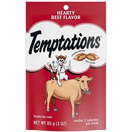 TEMPTATIONS Classic Crunchy and Soft Cat Treats Hearty Beef Flavor, 3 oz. Pouch, Pack of 12