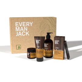 Every Man Jack Mens Sandalwood Beard Set - Five Full-Sized Grooming Essentials For a Complete Routine - Beard + Face Wash, Beard + Face Lotion, Hydrating Beard Oil, Beard Butter, and Beard Comb
