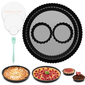 Windspeed 4+31 Pcs Tart Pan with Removable Bottom, 9 Inch 11 Inch 4 inch Round Tart Pan Carbon Steel Pie Mold with Non-Stick Coating Include 30P Baking Oil Paper 1 Oil Brush