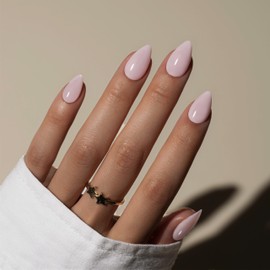 KQueenest Pastel Pink Press On Nails Short - Acrylic Press On Nails Almond, Sheer Dusty Light Pink Fake Nails with Glue, Glossy Opaque, Stiletto Reusable Soft Gel Glue on Nails for Women, 30 Pcs