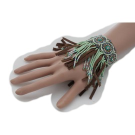 TFJ Women Bohemian Fashion Ethnic Style Brown Faux Suede Leather Bracelet Fringes Beads Jewelry