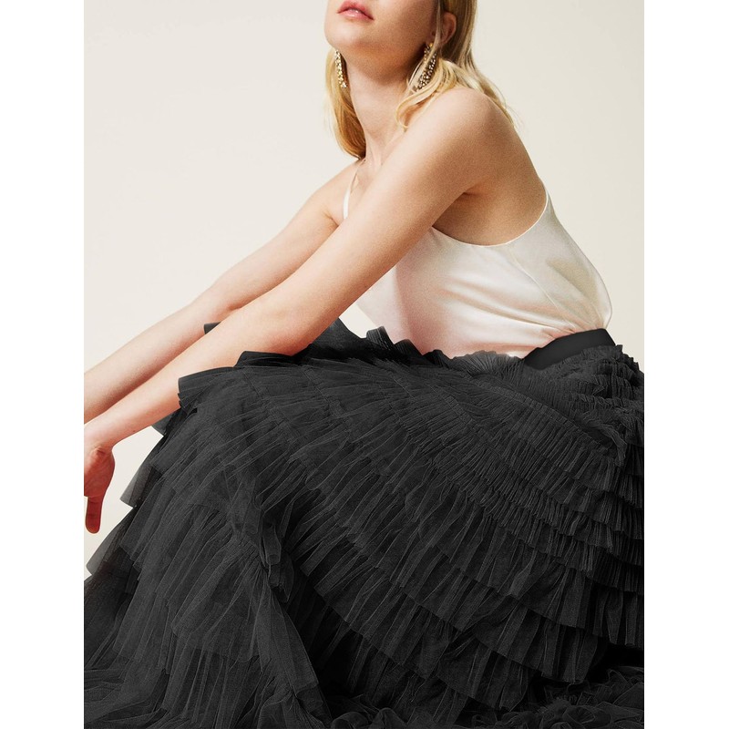 Flygo Women's Long Maxi Tulle Skirts A Line Ruffle High