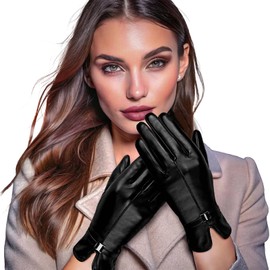 OZERO Winter Leather Glove for Women: Sheepskin Wool Warm Gloves with Touchscreen Fingers for Cold Weather (Black, XL)