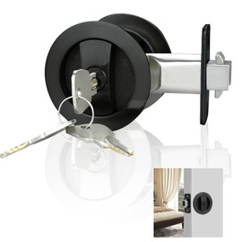 Lufyzora Round Pocket Door Lock with Keys Contemporary Recessed Pocket Door Hardware Kit for Bed/Bath Room Flush Pocket Door Latch Fits 1 3/8” to 2 3/16” Thickness Door (Black-Entry, 1 Pack)