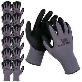 ACKTRA WG019 Safety WORK GLOVES 12 pairs, 15G Seamless Grey Nylon Spandex Shell, Black Nitrile MicroFoam Finish Coated, Comfort Fit, Power Grip, for Men and Women, X-Large