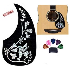 Black Acoustic Guitar Pick Guard Scratch Protective Plate. Martin-Style Comma/Tear Drop Shape. Bird Flowers Design + Guitar Picks (From Magik Fulfillment)