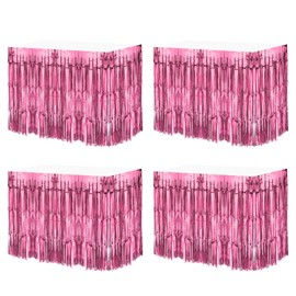 MECCANIXITY 4 Pcs 29x108 Inch Pink Metallic Foil Fringe Tinsel Table Skirts for Rectangle Tables Tinsel for Wedding Birthday Party Decoration