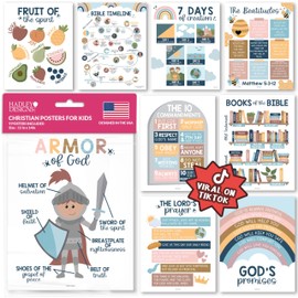 Hadley Designs Sunday School Decorations for Classroom – 9 Bible Posters for Kids, 11x14in Books of the Bible Poster, 10 Commandments, Fruits of the Spirit & More – Boho Christian Classroom Decor