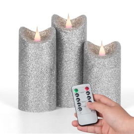 GiveU Silver Glitter Candle 3D Moving Flame LED Candle Sets with Remote, Set of 3 Real Flame Effect Battery Operated Flameless Candle, Home Decor Table Centerpiece