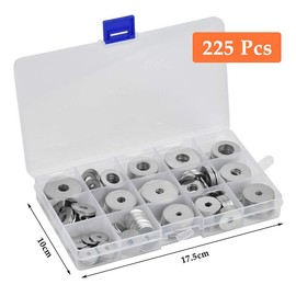 CENBEN Pack of 225 Flat Washers, 304 Stainless Steel Flat, Locking Washers Assortment Set, 15 Sizes M3, M4, M5, M6, M8, M10, M12, Metal Washers Nuts Disc (Silver)