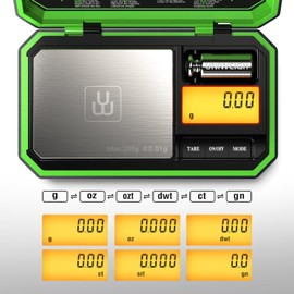 UNIWEIGH Digital Pocket Scale 200g/0.01g, Digital Scale Grams, Jewelry Scale, Coins Scale with 50g Cal Weights for Powder, Weed (Battery Included)-Fluorescent Green)