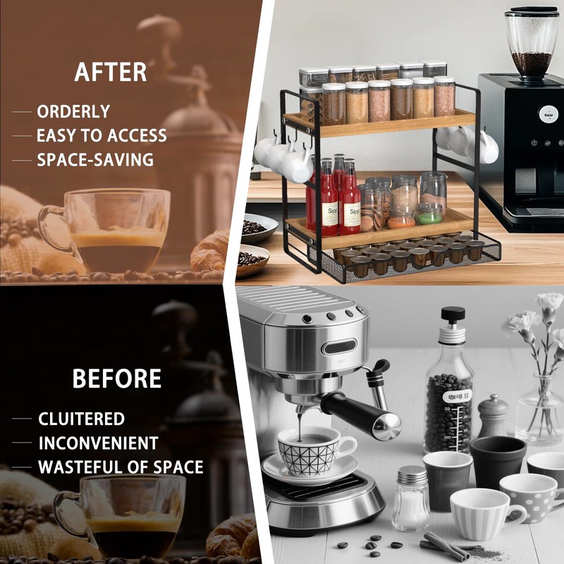 LEMIKKLE 2-Tier Wood Coffee Station Organizer with Pod Holder and