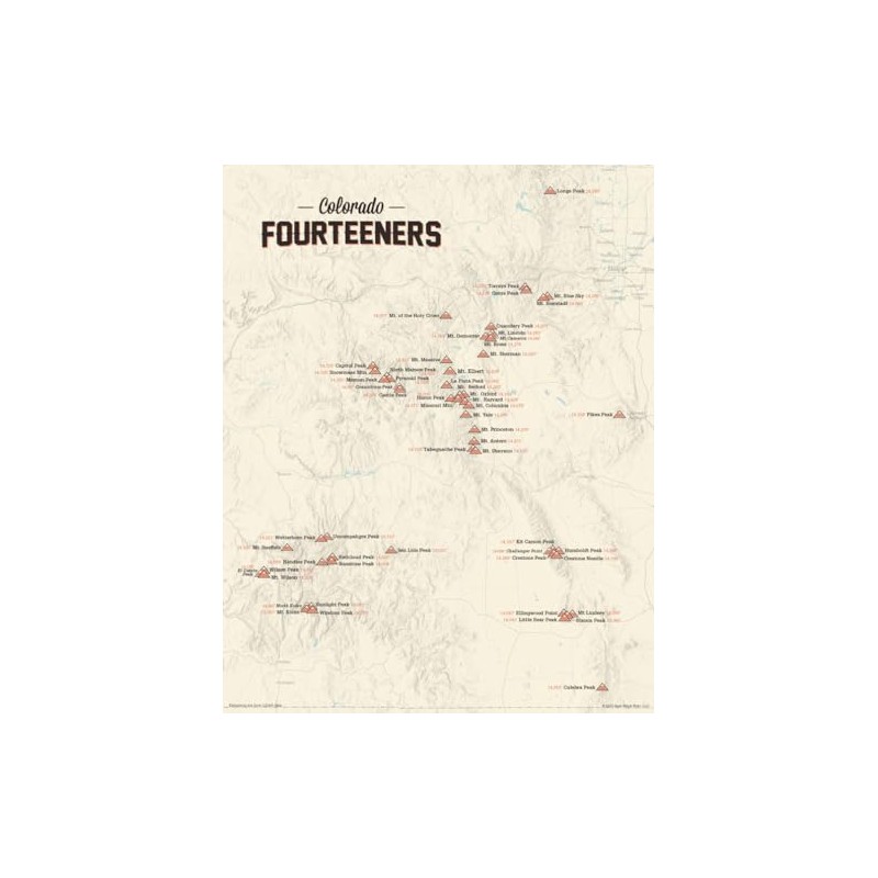 58 Colorado 14ers Checklist Map 11x14 Print (Tan)
